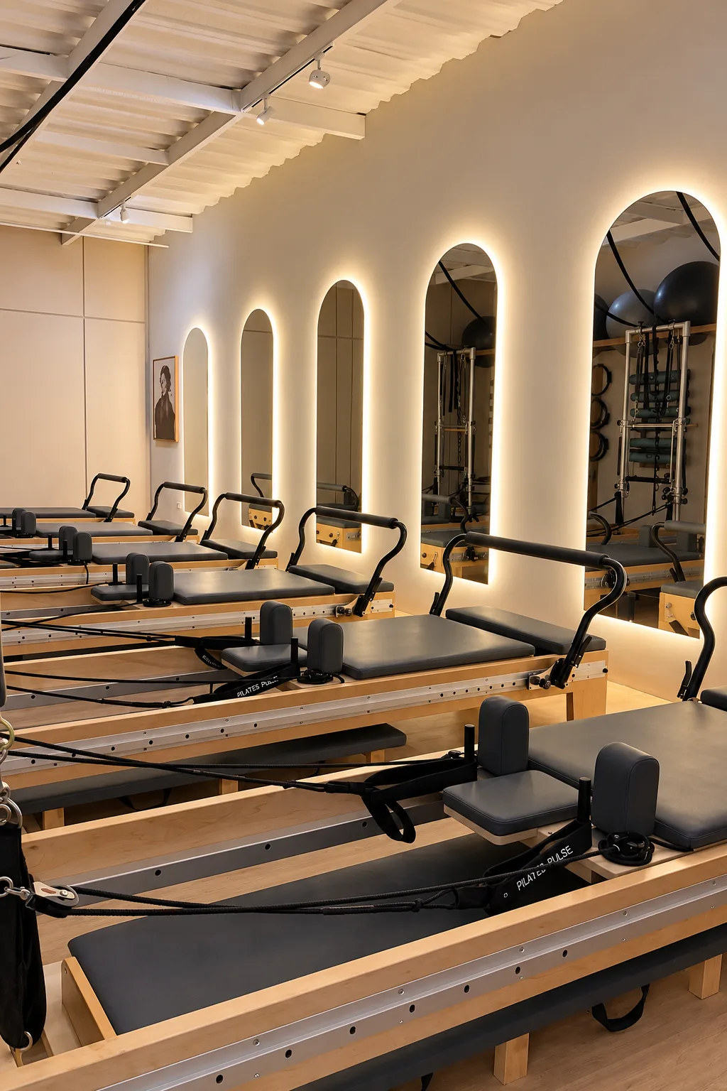 Salón del estudio Pilates Pulse: reformers alineados bajo arcos iluminados
